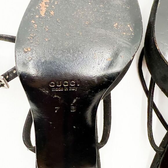 Gucci Black Suede Leather Strappy Heels Pointed Toe Size 7 - Picture 12 of 15